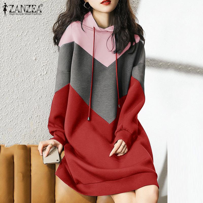 ZANZEA Женский повседневный лоскутный свитер с длинным рукавом, толстовка с капюшоном, платье-свитшот