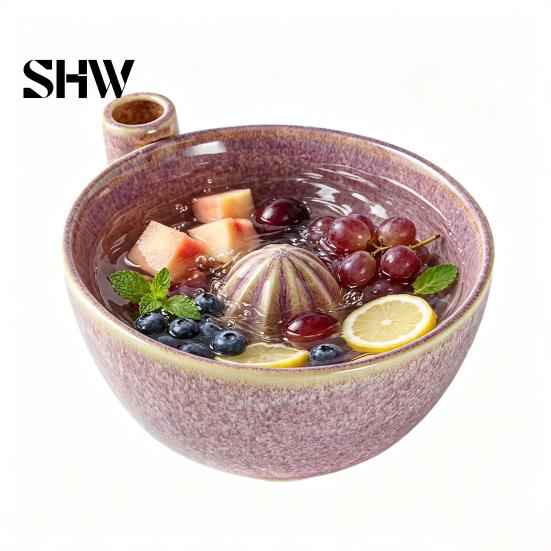 Stylish Kitchen Counter Accessories Berry Swirl Draining Bowl with Silicone Pad, Ceramic Retro Kiln Manual Lemon Juicer Tool Fired Colander,