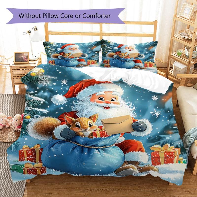Christmas Santa Squirrel Gift Print Duvet Cover Set, 3Pcs Holiday Bedding Set with 2 Pillowcases for Bedroom Decor