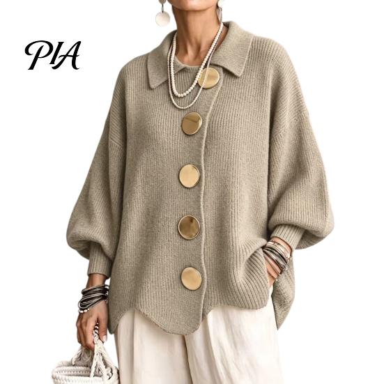 Long Sleeve Sweater Women Oversized Knit Cardigan Sweater, Collared Top with Large Metal Buttons, Loose Lantern Casual for Spring Autumn Button Front