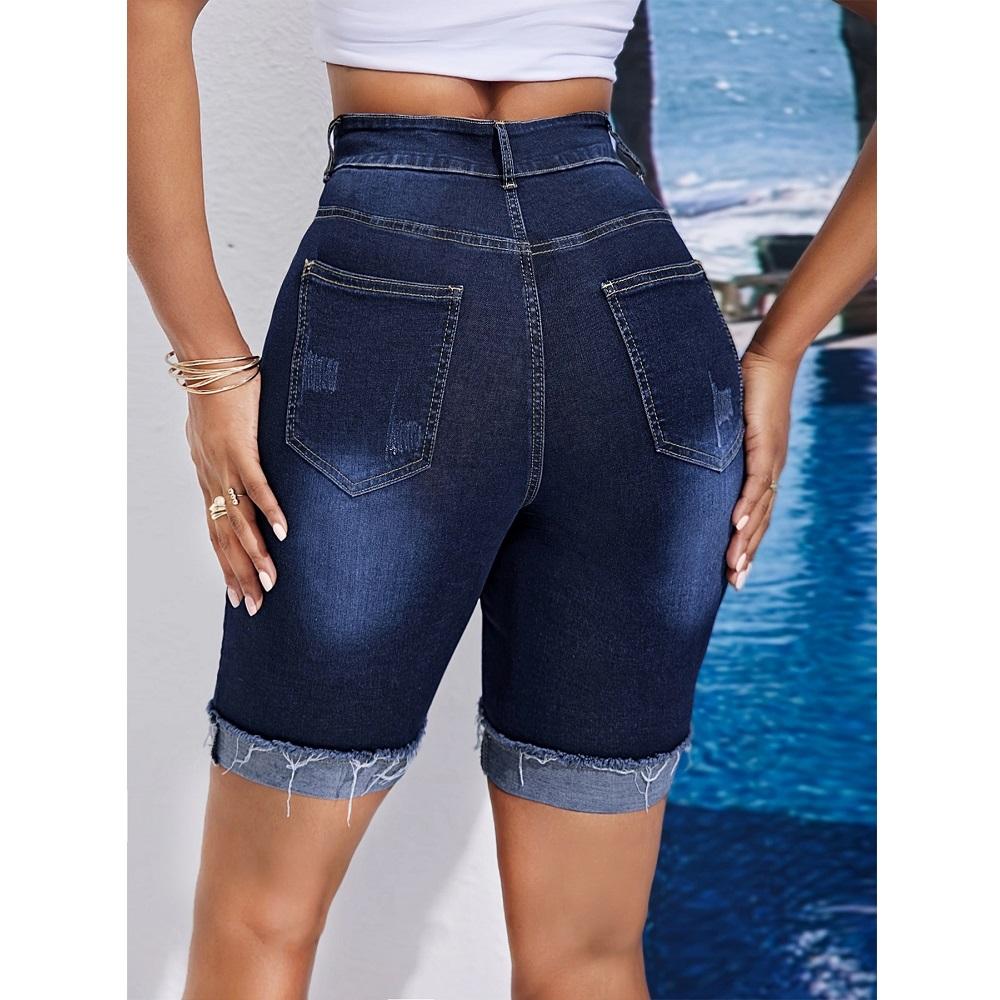 Women Summer High Waist Knee Length Denim Shorts Ladies Stretch Jeans Short Pants