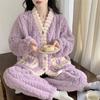 Sweet Plush Fleece Sleepwear Set Patchwork Flower Flannel Pajamas Women Nightwear with Pockets Winter Nightdress Girls