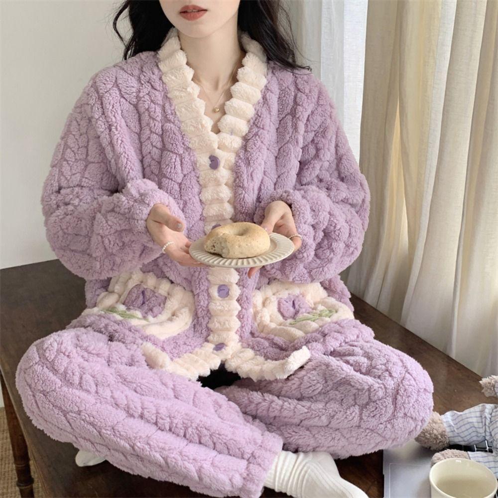 Sweet Plush Fleece Sleepwear Set Patchwork Flower Flannel Pajamas Women Nightwear with Pockets Winter Nightdress Girls
