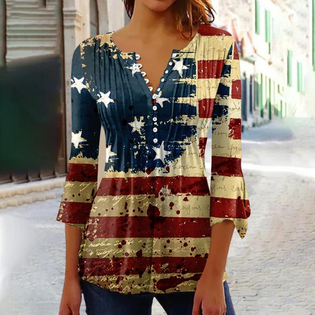 Рубашки на пуговицах для женщин, туника с принтом, летние топы, нарядные повседневные весенние блузки с рукавом 3/4 и v-образным вырезом