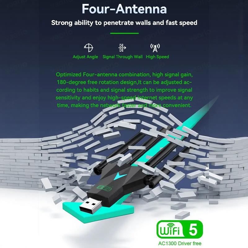 Двухдиапазонный USB-адаптер Wi-Fi 1300 Мбит/с 2,4 ГГц / 5 ГГц Wi-Fi Dongle USB 3.0 802.11Ac Беспроводной приемник с 4 антеннами для ПК/ноутбука Без драйверов