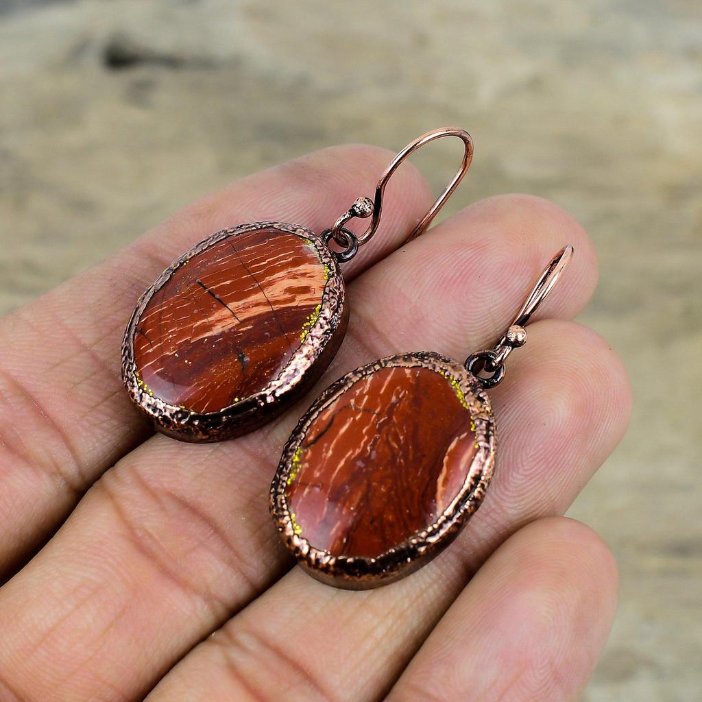 Red Snakeskin Jasper Earring Electroformed Copper Earrings Natural Gemstone Jewelry Handmade Earring Wonderful Copper Jewelry Wedding Gifts