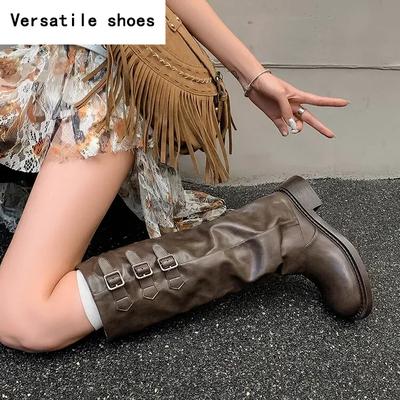 Осень-зима женские высокие сапоги рыцаря без застежек на толстом каблуке брюки длинные ботильоны в стиле ретро женская обувь Botas De Mujer