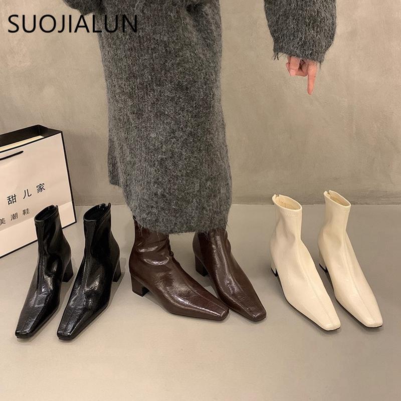 Fashion SUOJIALUN 2025 Winter New Brand Women Ankle Boots Fashion Round Toe Med Square Heel Short Boots Round Toe Outdoor Dress Pumps