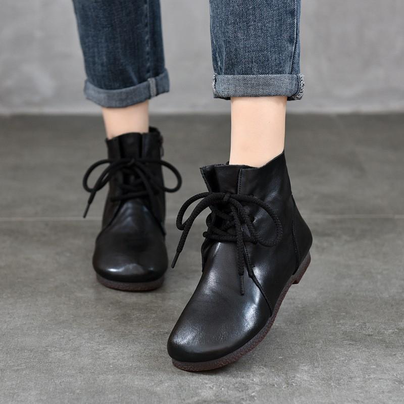 Johnature Короткие ботинки из натуральной кожи с круглым носком на плоской подошве, на мягкой подошве, со шнуровкой, женские туфли