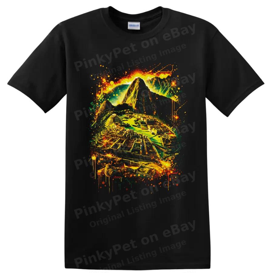 Machu Picchu T Shirt Neon Mountain Ruins Travel Art Graphic Tourist Peru Tee