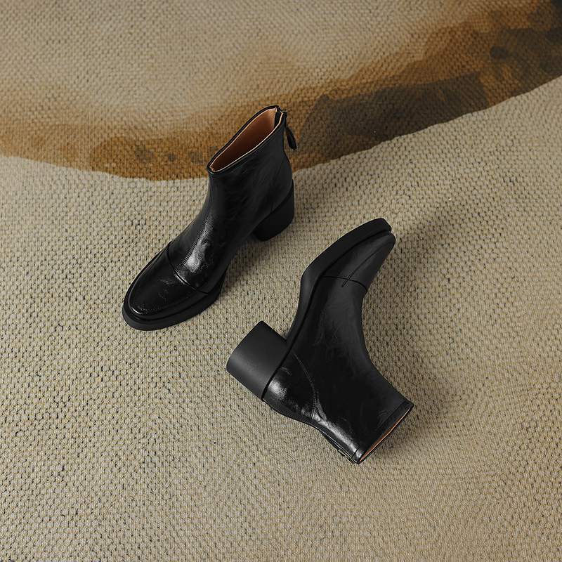 Krazing Pot Cow Skin Winter Round Toe Chunky Heels Fashion Boots Women Zipper Retro Elegant Women Ankle Boots