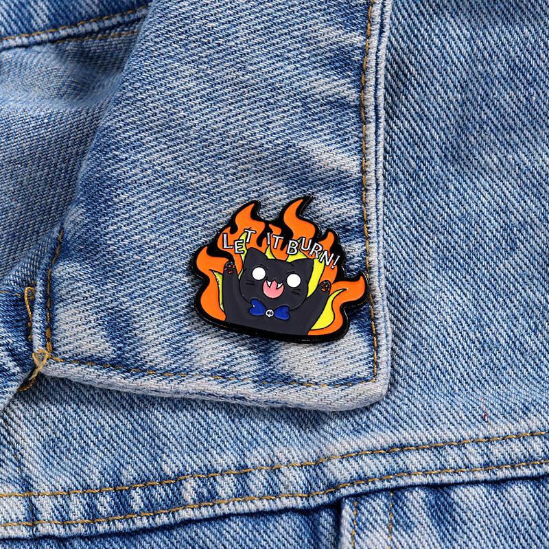 Alloy Enamel Brooch, Cute Cartoon Flame Black Cat Pattern, Kawaii Decorative Lapel Pin Badge Accessory for Backpack Clothing Bag