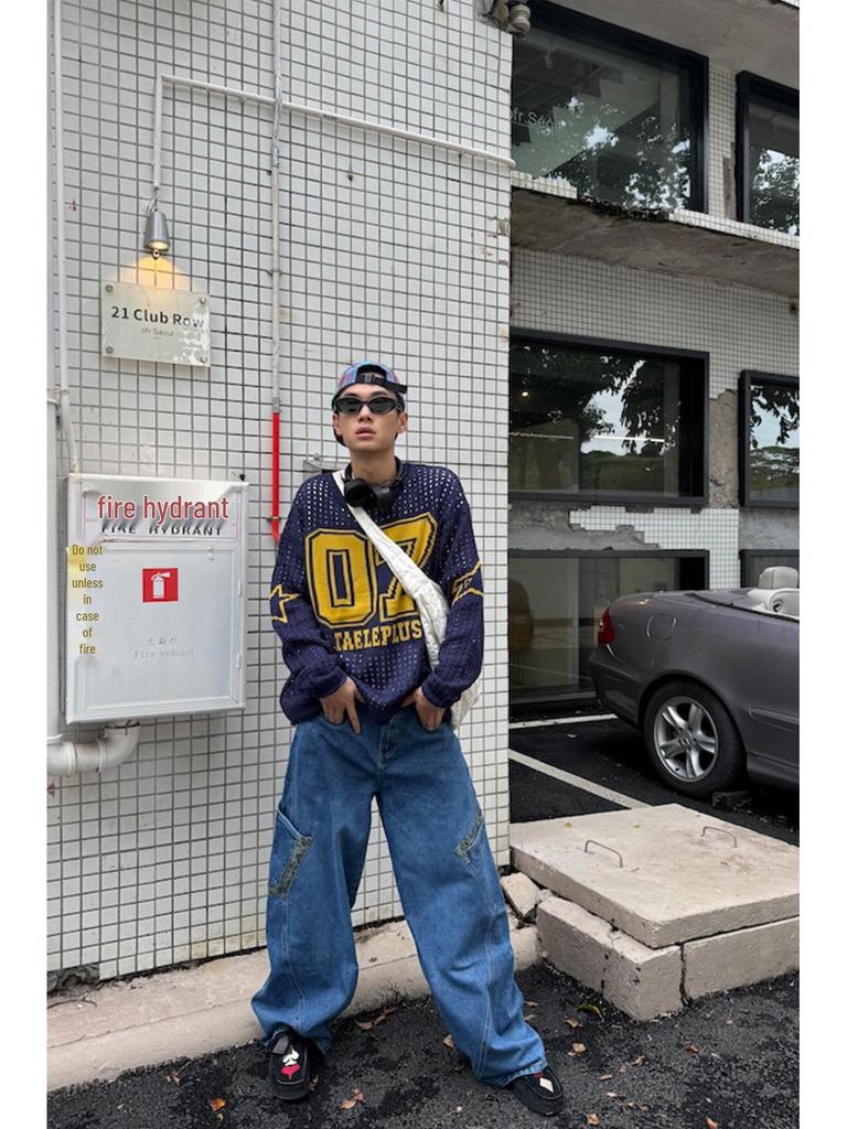 American Retro Leopard Print Patchwork Scimitar Jeans for Men - 2024 Autumn Loose Slimming Wide-Leg Pants