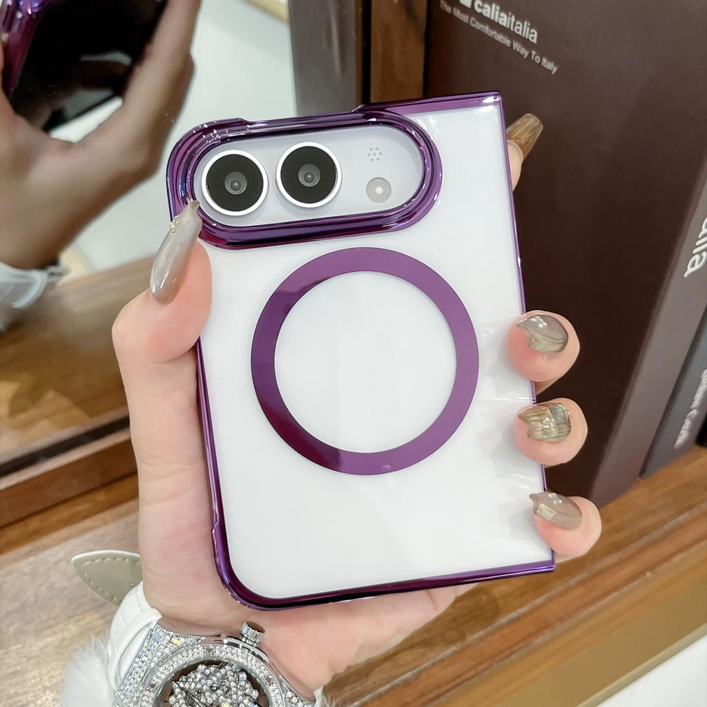 Luxury Transparent Electroplated Magnetic Phone Case for IPhone Ultra 18 Fold Shockproof for Magsafe Hinge Protective Slim Cover