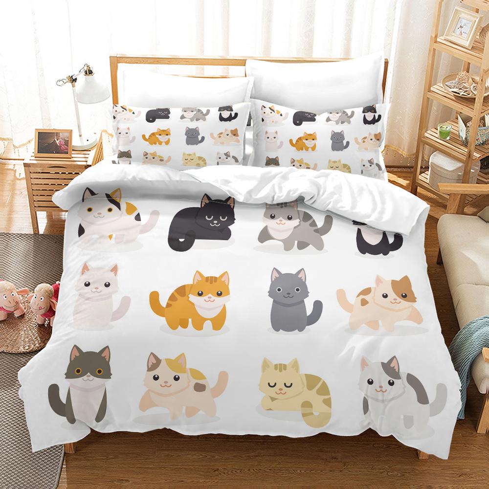 Cartoon Cat King Full Queen Duvet Cover Lovely Pet Kitty Bedding Set Animal Quilt Cover 2/3pcs Purple Polyester Comforter Cover