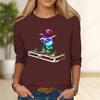 Tops For Women DJ Cat Print Round Neck Long Sleeve T-shirt Fall Casual Slim Pullover Women's Long Sleeve Top
