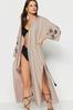 Women's Fashion New Kimono&Kaftan Beige Belted Maxi Woven Embroidered Linen Blended 100% Cotton KimonoKaftan