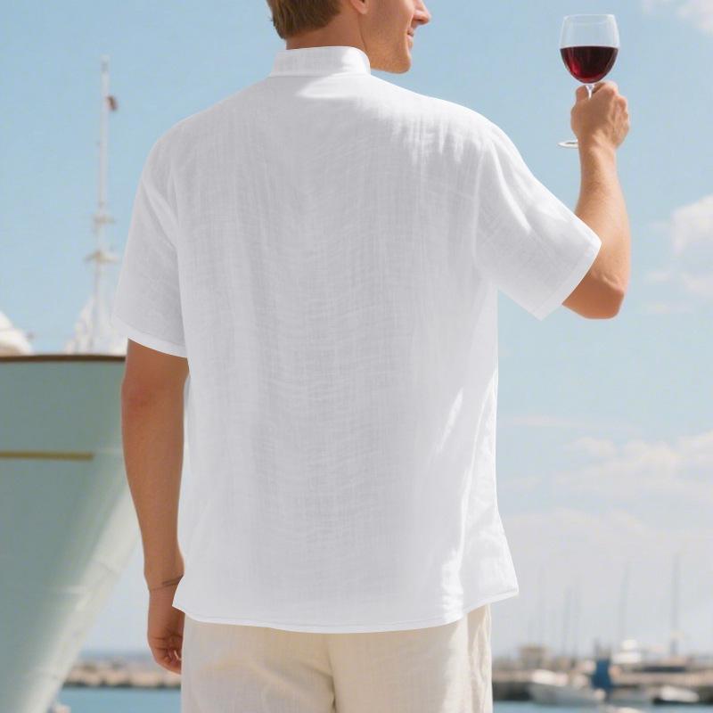 Летняя европейская и американская мужская повседневная свободная рубашка, повседневная рубашка на пуговицах с воротником-стойкой, льняная, с короткими рукавами