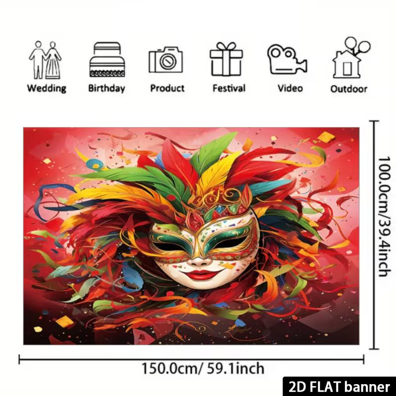 2D Carnival Mask Backdrop - Vibrant Feather Mask Banner for Mardi Gras & Costume Party Photoshoot