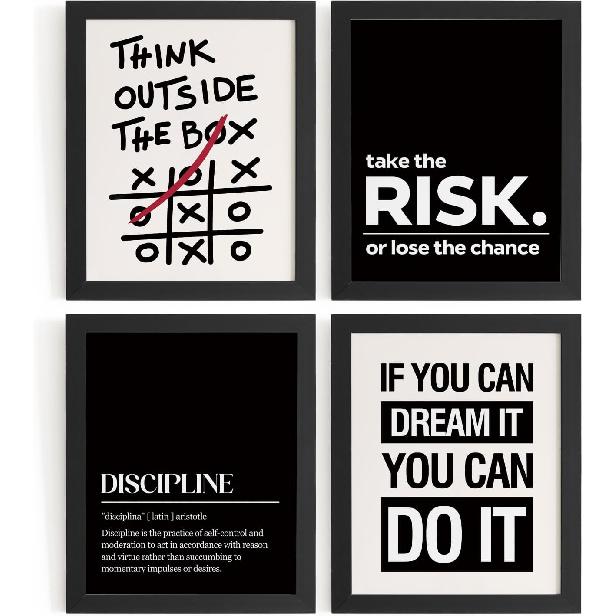 DSHFG Motivational pirational Office Wall Art Decor Prints Set of 4, Black Motivational Wall Decor Trendy Retro Posters for Office Home Decor, 8x10