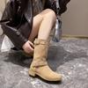 Boots Women 2024 New Autumn Chunky Heel Brown Western Cowboy Boot Belt Buckle British Retro Ankle
