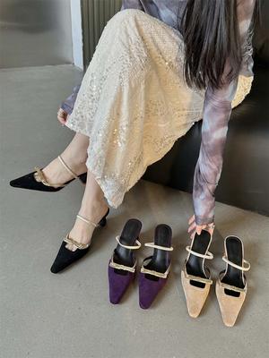 Мода Модные женские босоножки с острым носком Летние черные фиолетовые бежевые неглубокие туфли без застежек Женские туфли-лодочки Размер 35-39 Вечерние туфли-лодочки Сандалии 39