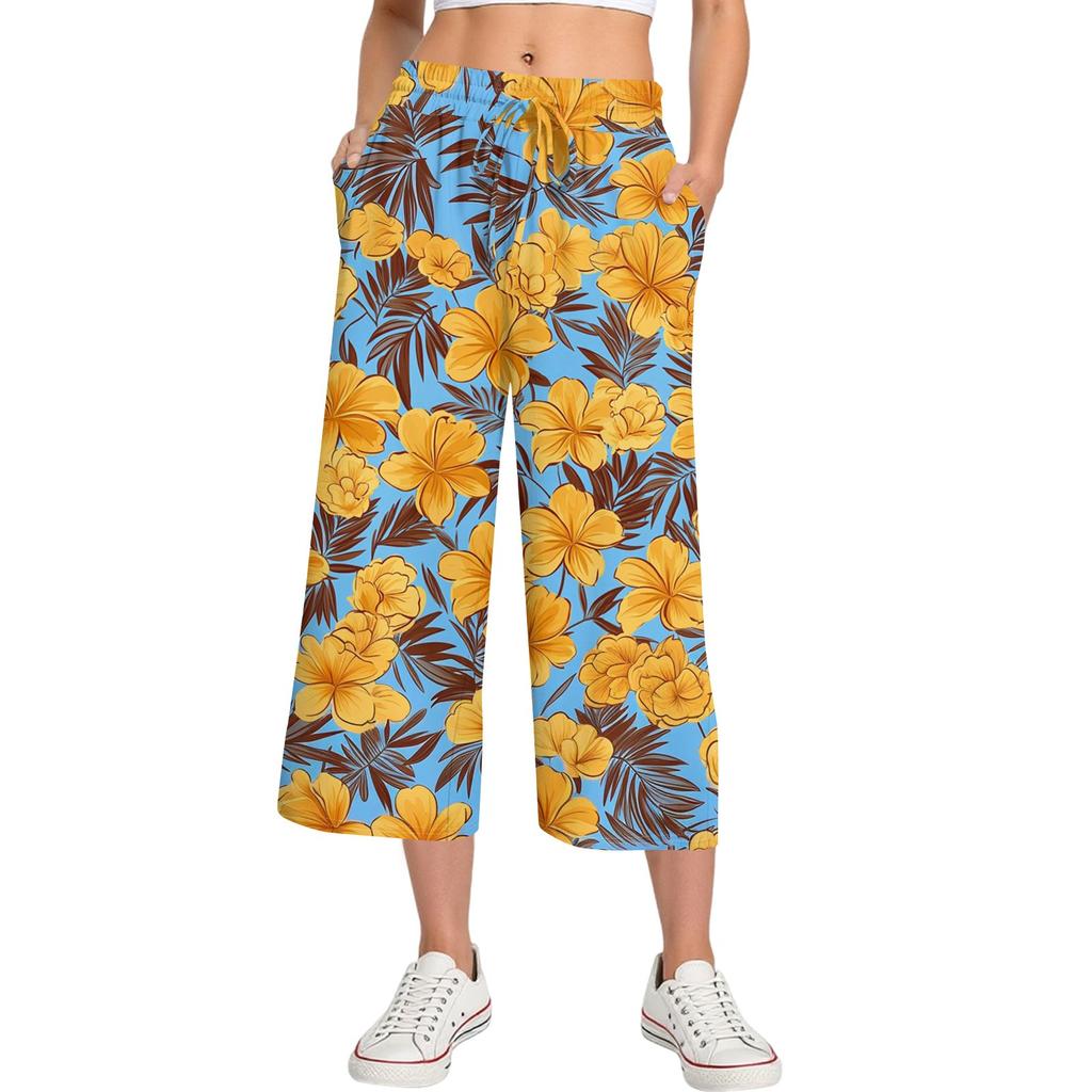 Женские летние повседневные спортивные брюки с высокой талией и принтом, укороченные брюки свободного покроя