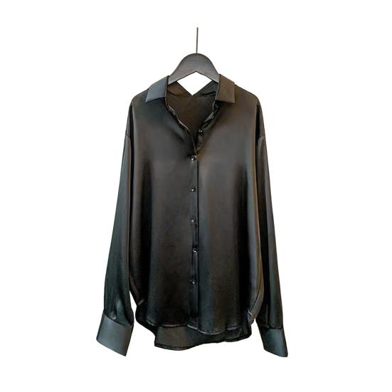 Женская рубашка с лацканами, длинный рукав, однобортная рубашка, однотонная, гладкая, атласная, свободного кроя, повседневная рубашка