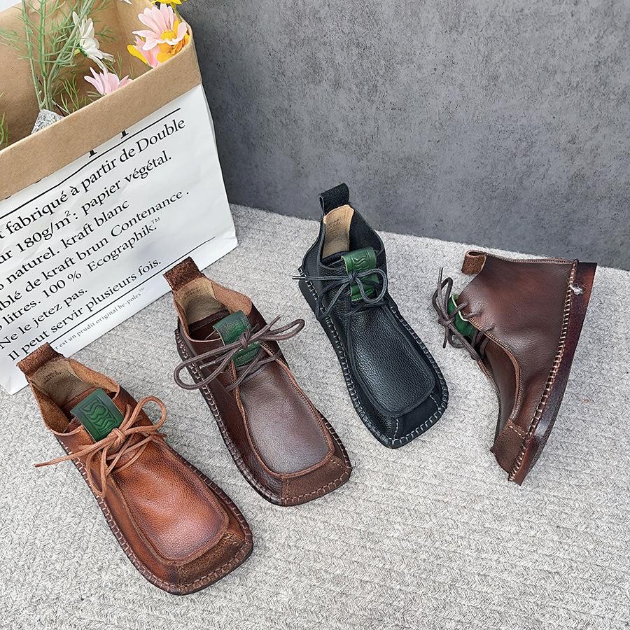 Johnature Короткие сапоги с квадратным носком, универсальные женские туфли на плоской подошве из натуральной кожи на шнуровке в стиле ретро в стиле ретро