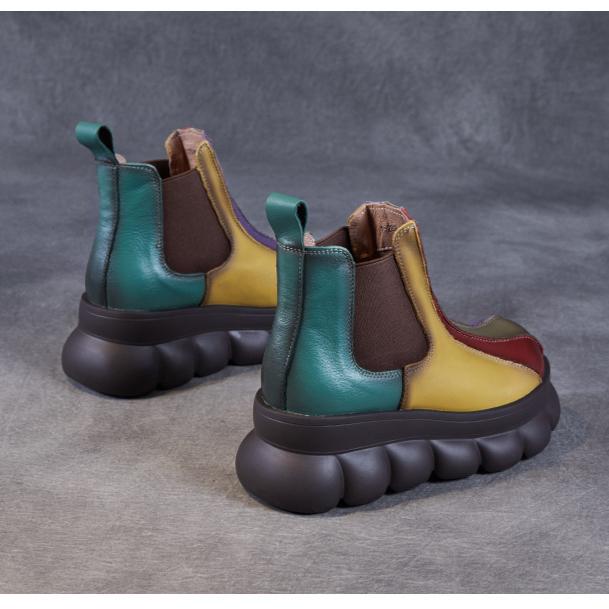 Johnature Rainbow Genuine Leather Short Boots Chelsea Wedge Heel Thick Soled Waterproof Women's Boots