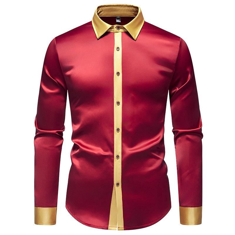 Men S Fashion Satin Smooth Color Block Long Sleeve Shirt