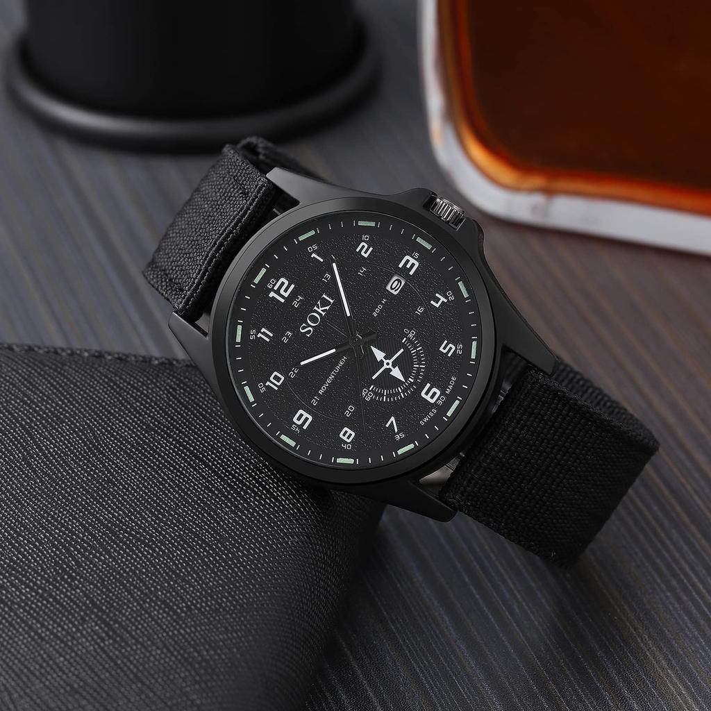 Strategy Military Calendar Analog Waterproof Nylon Strap Braided Large Dial Simulated Quartz Watch Fashion Watch Black Birthday Christmas Day Present