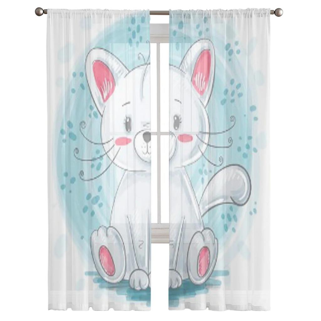 Прозрачные шторы с милым котом для спальни, гостиной, тюлевые шторы для кухни, оконные вуали, шторы