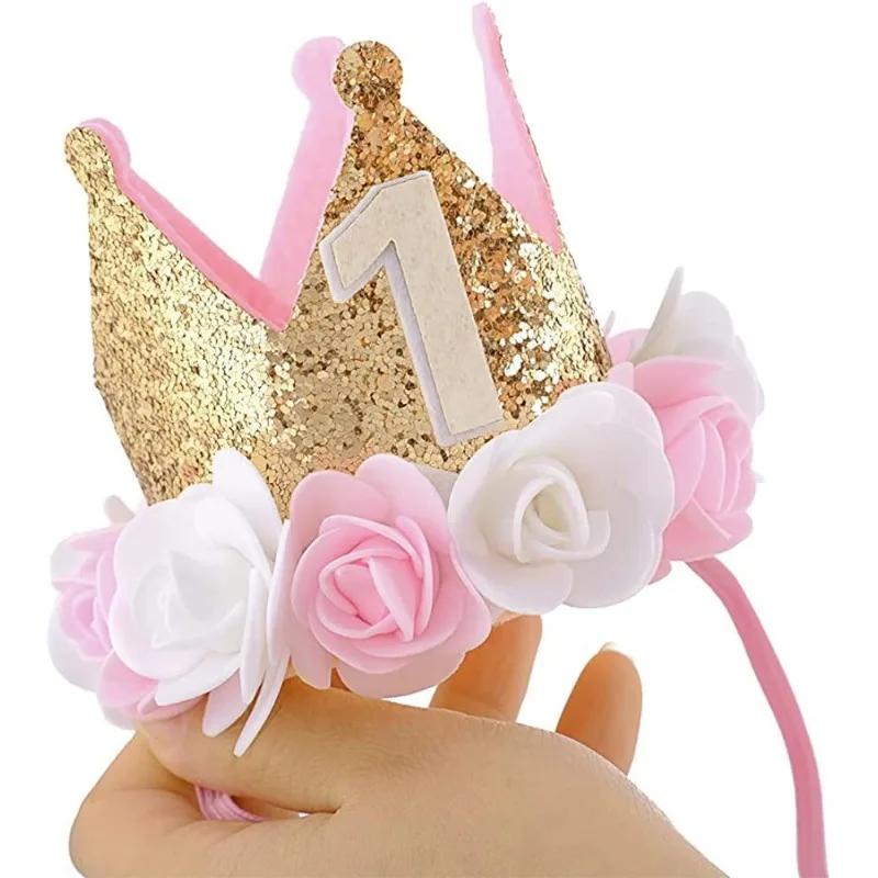 Детская шляпа для дня рождения, корона для девочки 1, 2, 3 лет, корона для принцессы, головной убор с милым украшением для вечеринки по случаю дня рождения ребенка