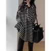 Spring and Autumn Loose Mid-length Black and White Striped Sweater Women's Bottoming Shirt Top