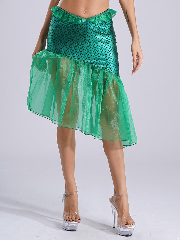 Женская юбка с оборками и принтом «рыбья чешуя», юбка для латинских танцев, юбка-русалка, костюм для косплея на Хэллоуин и карнавал