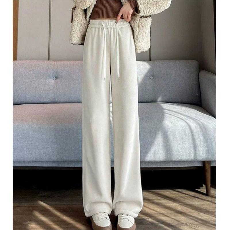 Осенние и зимние флисовые утолщенные женские брюки широкого кроя, свободные повседневные вельветовые брюки с завязками, однотонные простые прямые брюки, одежда 2052