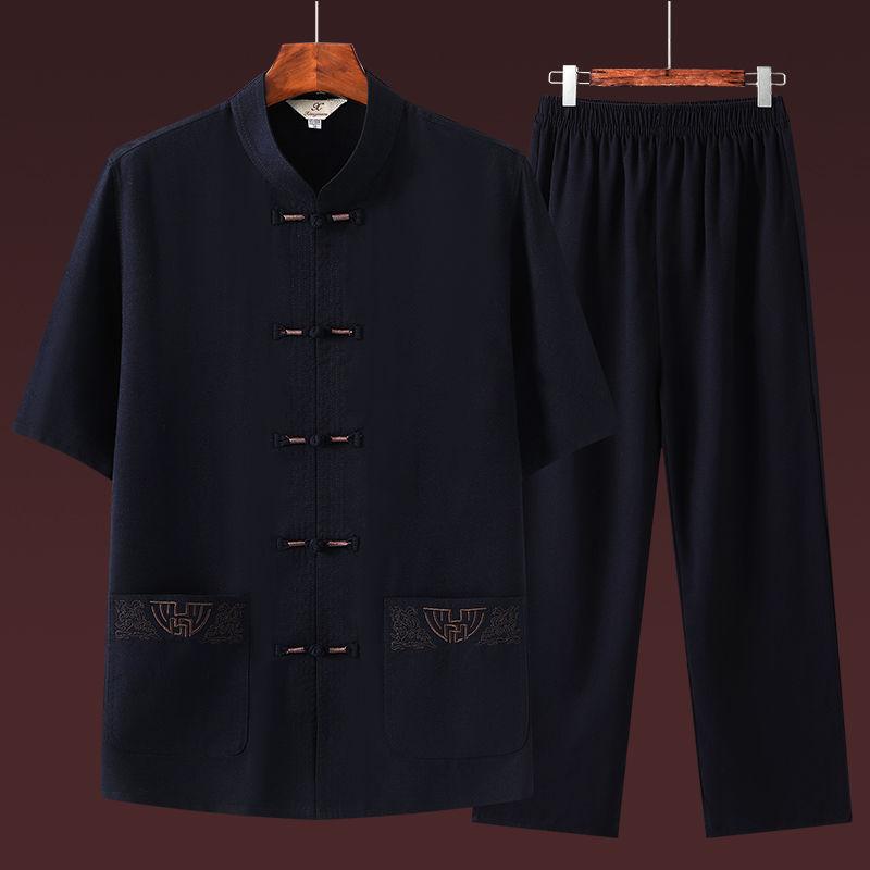 Летний модный короткий рукав хлопок лен мужской повседневный удобный дышащий комплект из двух предметов
