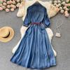 RUGOD Spring and Autumn New Retro Denim Dress Women's Long-sleeved Design Waist Shirt Dress Button High Waist Dress