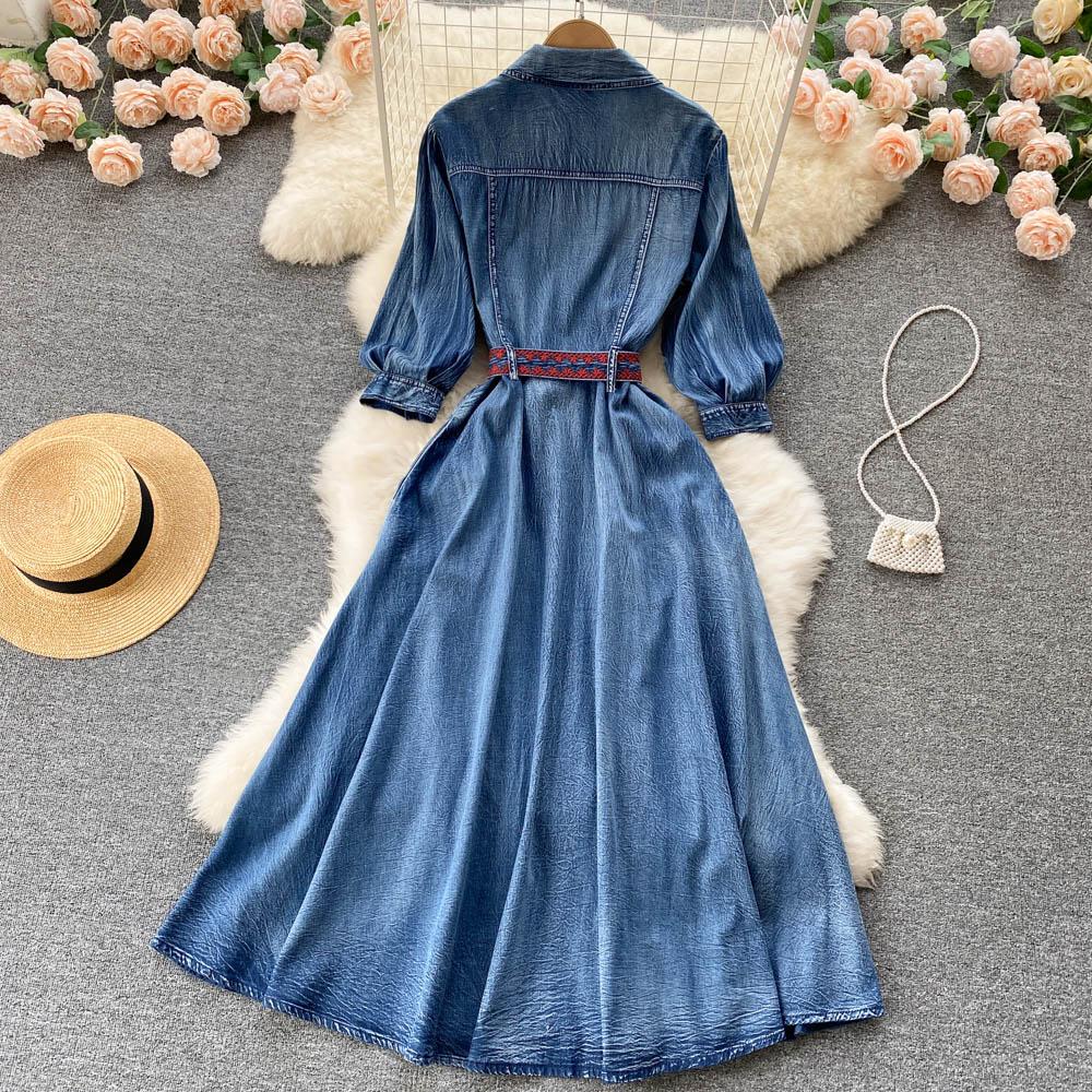 RUGOD Spring and Autumn New Retro Denim Dress Women's Long-sleeved Design Waist Shirt Dress Button High Waist Dress