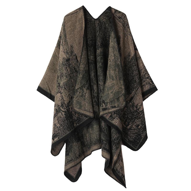 Women's Fashion Pashmina Autumn and Winter Cloak Thicken Warm Shawl Knitted Wraps Split Cape