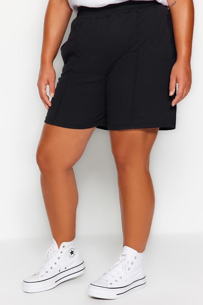 Women's Plus Big Size Fashion Black Thin Ribbed Knitted Shorts
