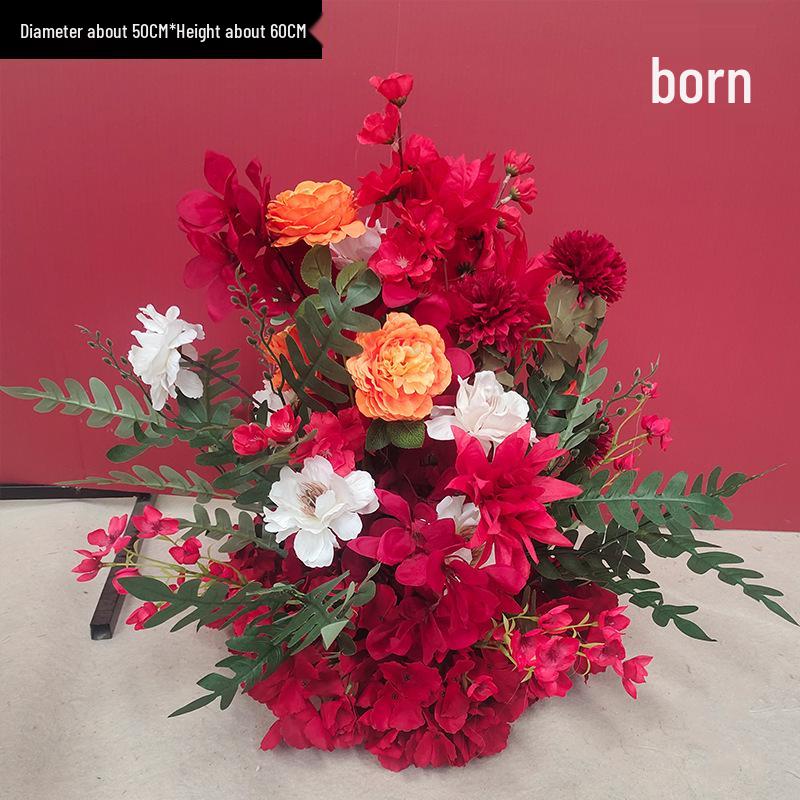 Red Floral Wedding Stage Backdrop with Artificial Flower Rows