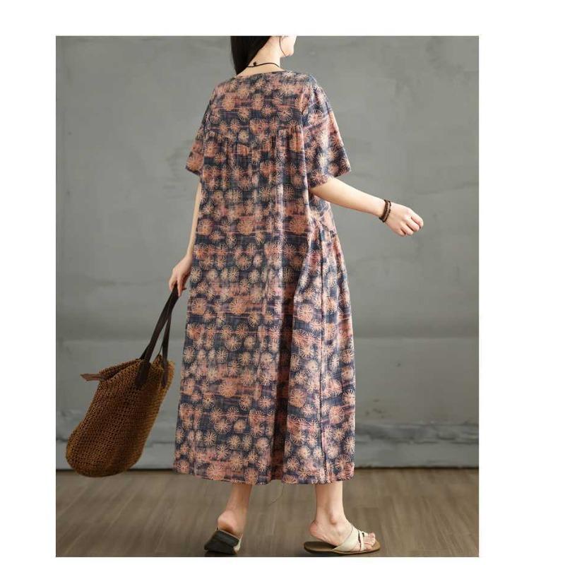 Летнее ретро платье из хлопка и льна с круглым вырезом и короткими рукавами, женская свободная юбка