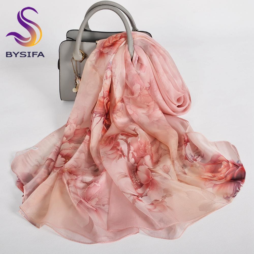 [BYSIFA] Сине-зеленый шарф-палантин из 100% шелка тутового шелкопряда, зимний цветочный дизайн, шифоновые длинные шарфы-шали, женский пляжный платок, эшарпы