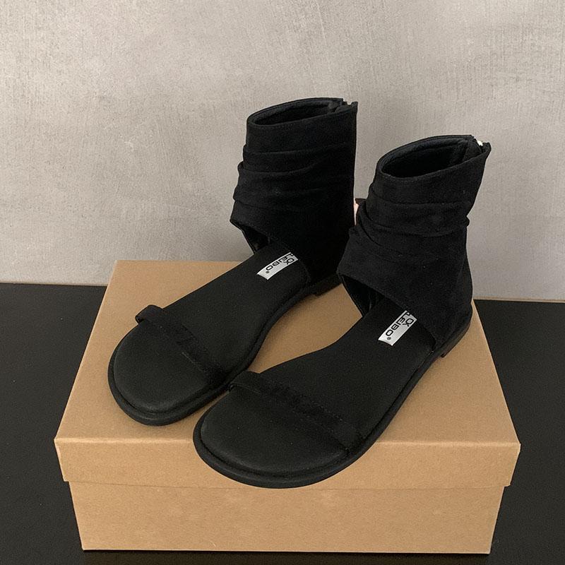 Fashion Fashion Round Toe Ladies Flats Gladiator Sandals Shoes Zippers Female Luxury Designer Footwear Woman Flats Sandals Boots Shoes