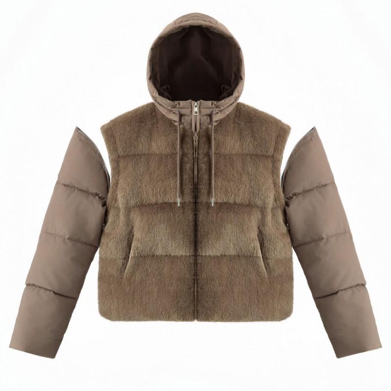 Womens Short Puffer Jacket With Faux Fur Trim Loose Fit Warm Cotton-Padded Coat Winter