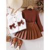 Комплект 'Зимний наряд' из 3 предметов - Милый полосатый джемпер с длинным рукавом, коричневая плиссированная юбка, пушистый жилет с белой отделкой, уютный, можно стирать в машине