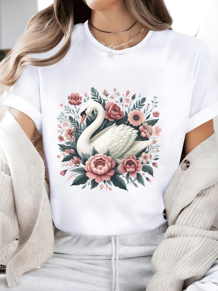 (Азиатский размер) Повседневный женский топ Футболки Мода Круглый вырез Женская одежда Сладкий стиль Милый принт Короткий рукав Графическая футболка