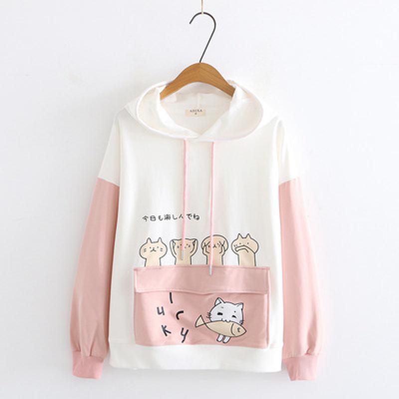 Толстовки в стиле аниме с рогами, женский студенческий топ, толстовка, японская студенческая толстовка с капюшоном и большим карманом с принтом